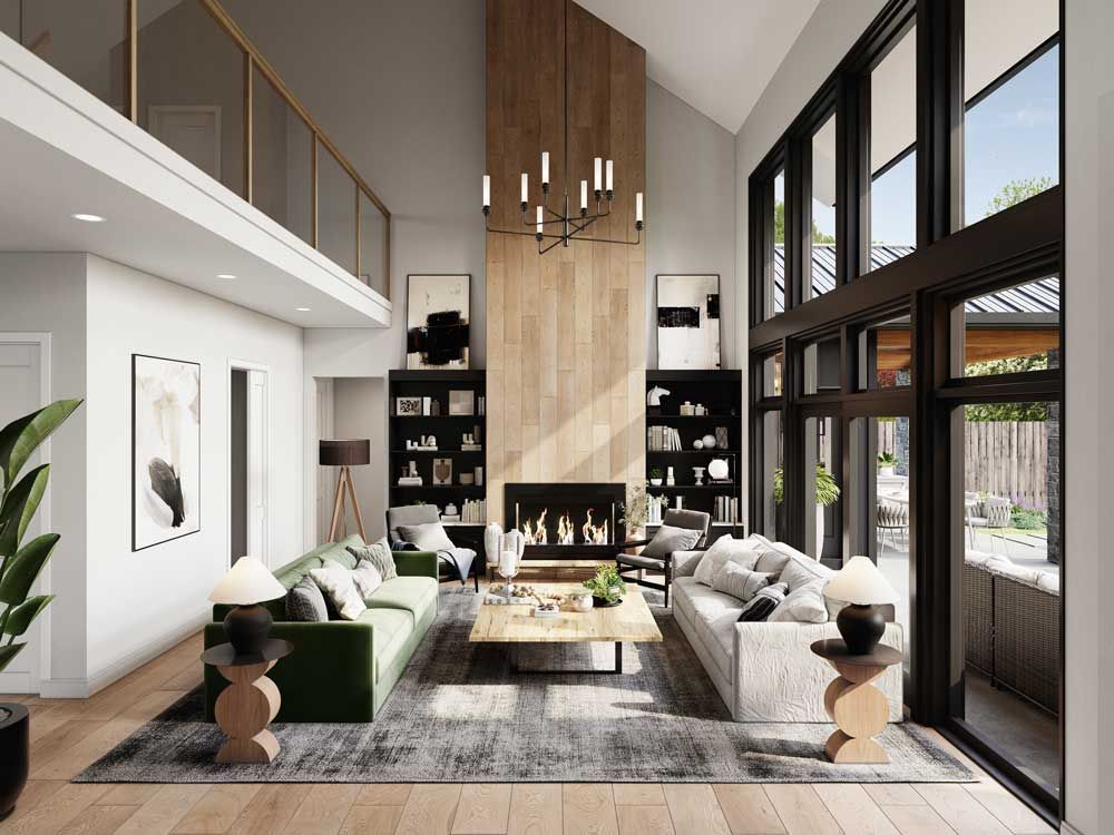 Modern living room with tall windows, central fireplace, and green and gray sofas in a bright open space
