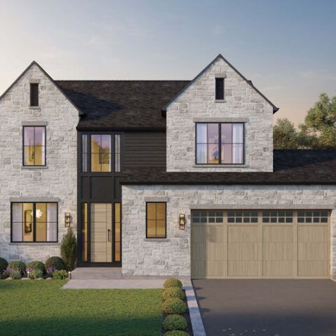 Modern two-story stone house with black roof, large windows, and a single-car garage