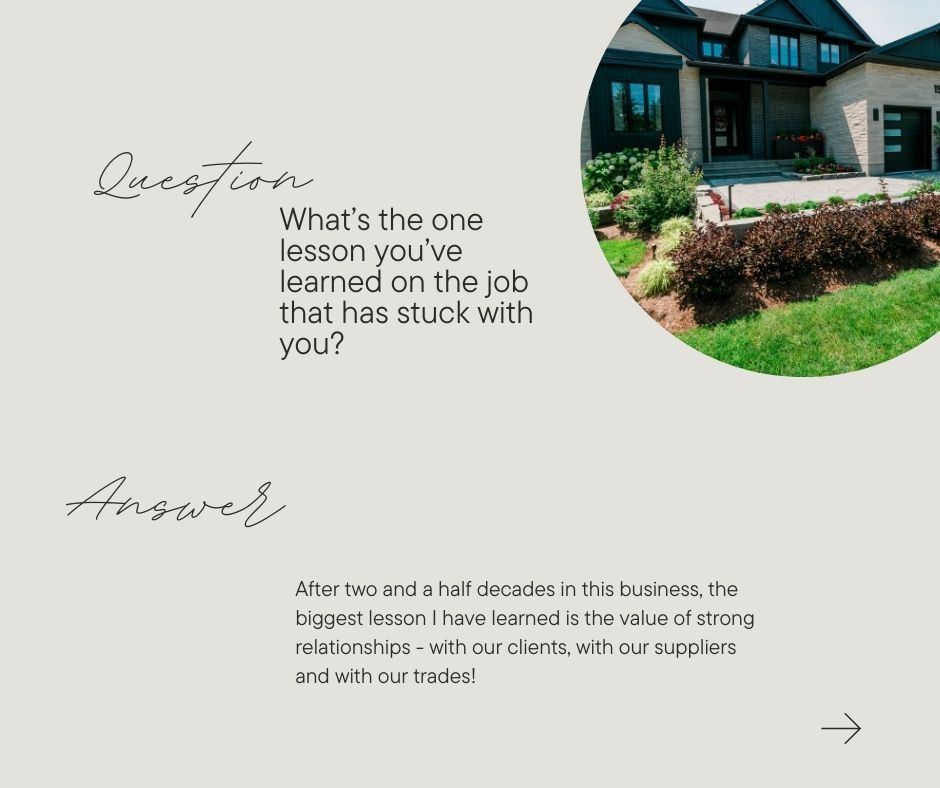 Text quote card with a house photo and a Q&A about teamwork and communication in construction.