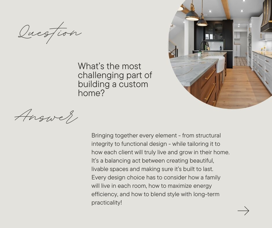 Interior design promo slide with a modern kitchen photo and text about the challenges of custom home building