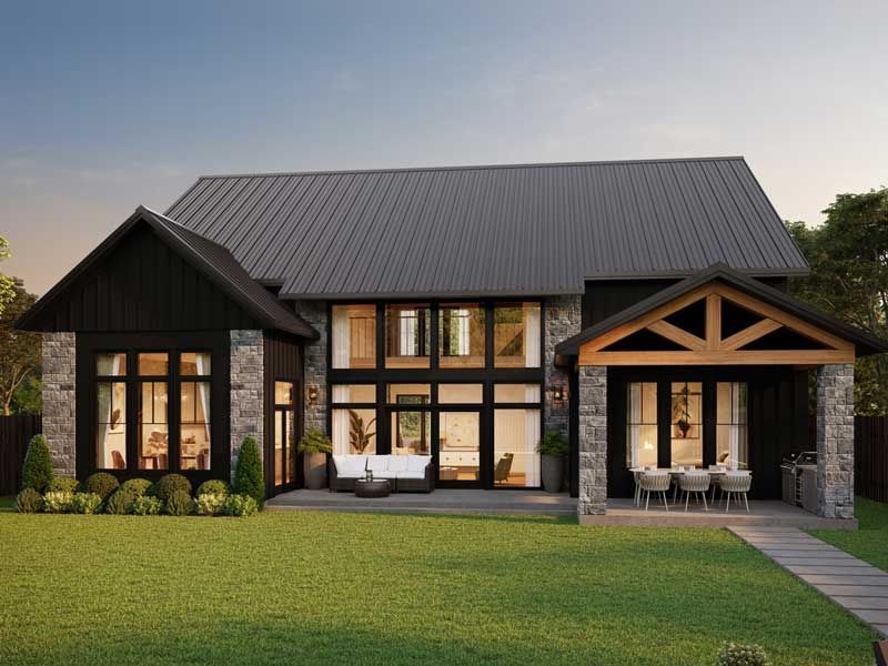 Modern dark wood house with large windows, stone accents, and a well-kept lawn at dusk