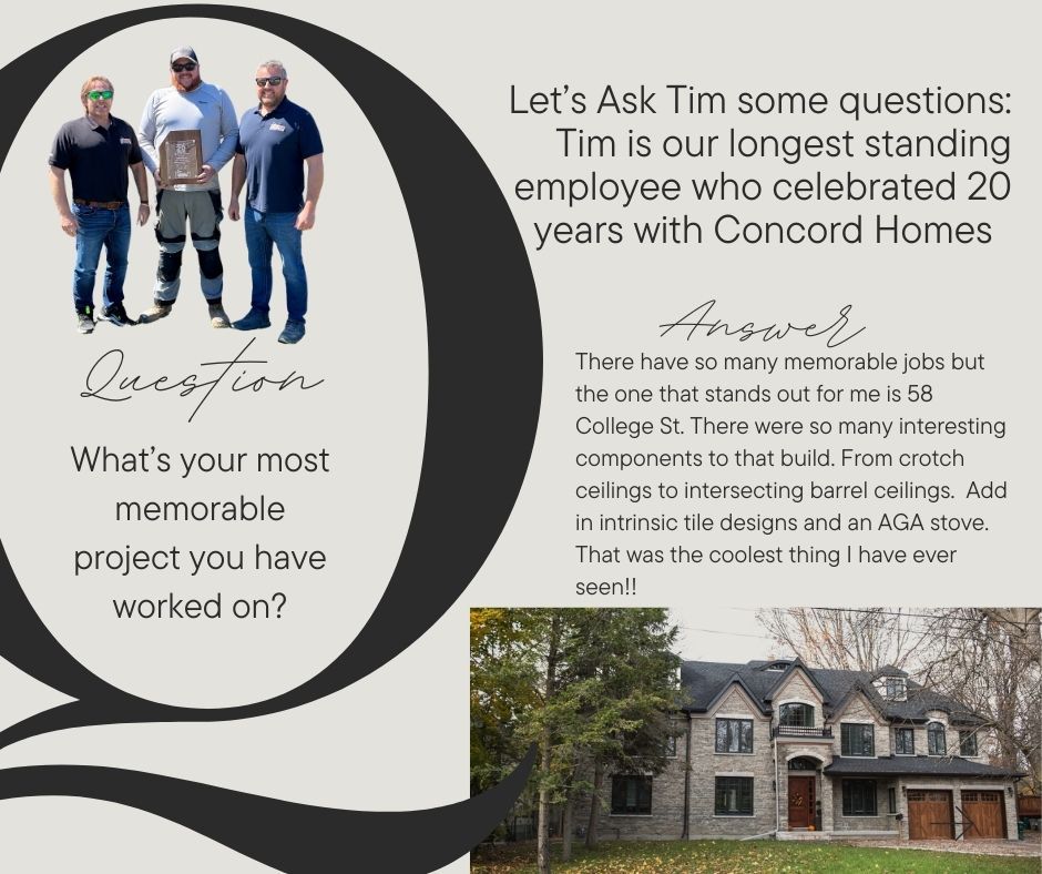 Three men standing beside interview questions, with a house photo and testimonial text on the right.