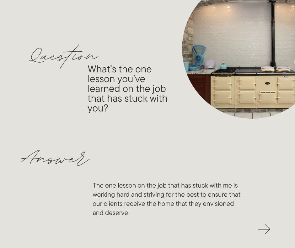 Question-and-answer graphic with script text and a photo of a light-colored bedroom dresser under a window.