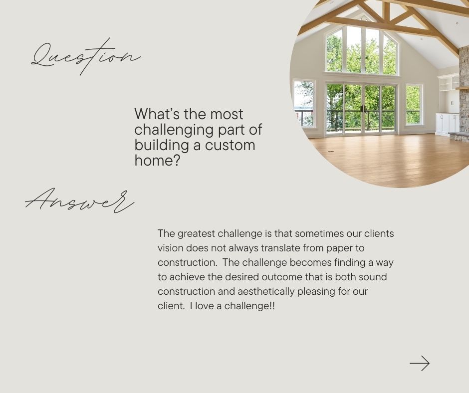 Minimalist webpage slide with a bright custom home interior and text about challenging home builds