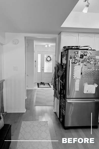 Black-and-white kitchen view with refrigerator and hallway; “BEFORE” text at bottom.
