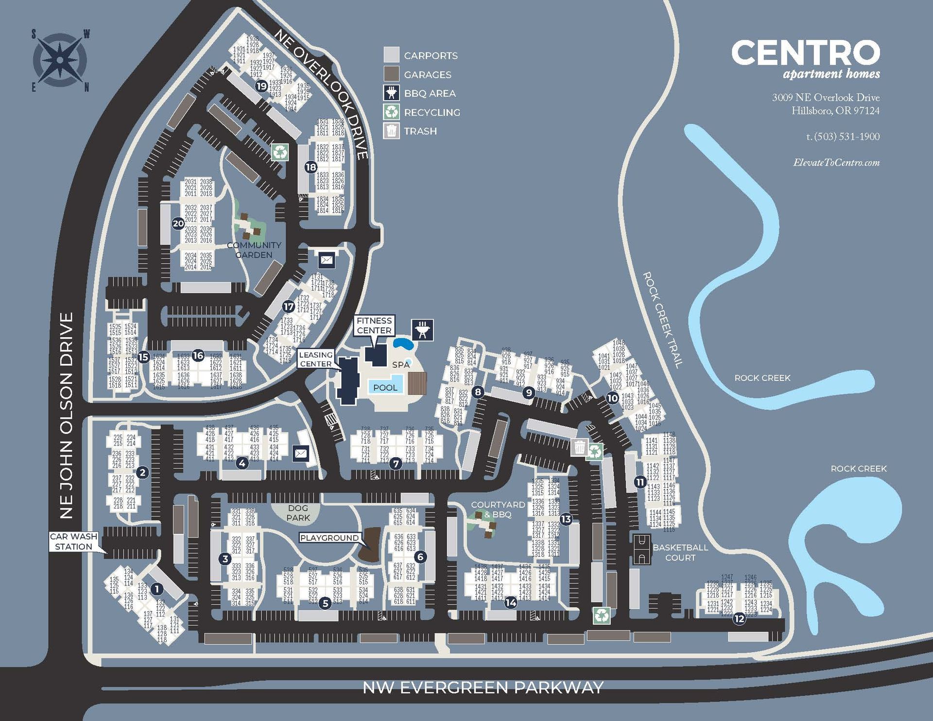 Apartment complex map with roads, buildings, parking, and amenities like a pool, set against a blue background.