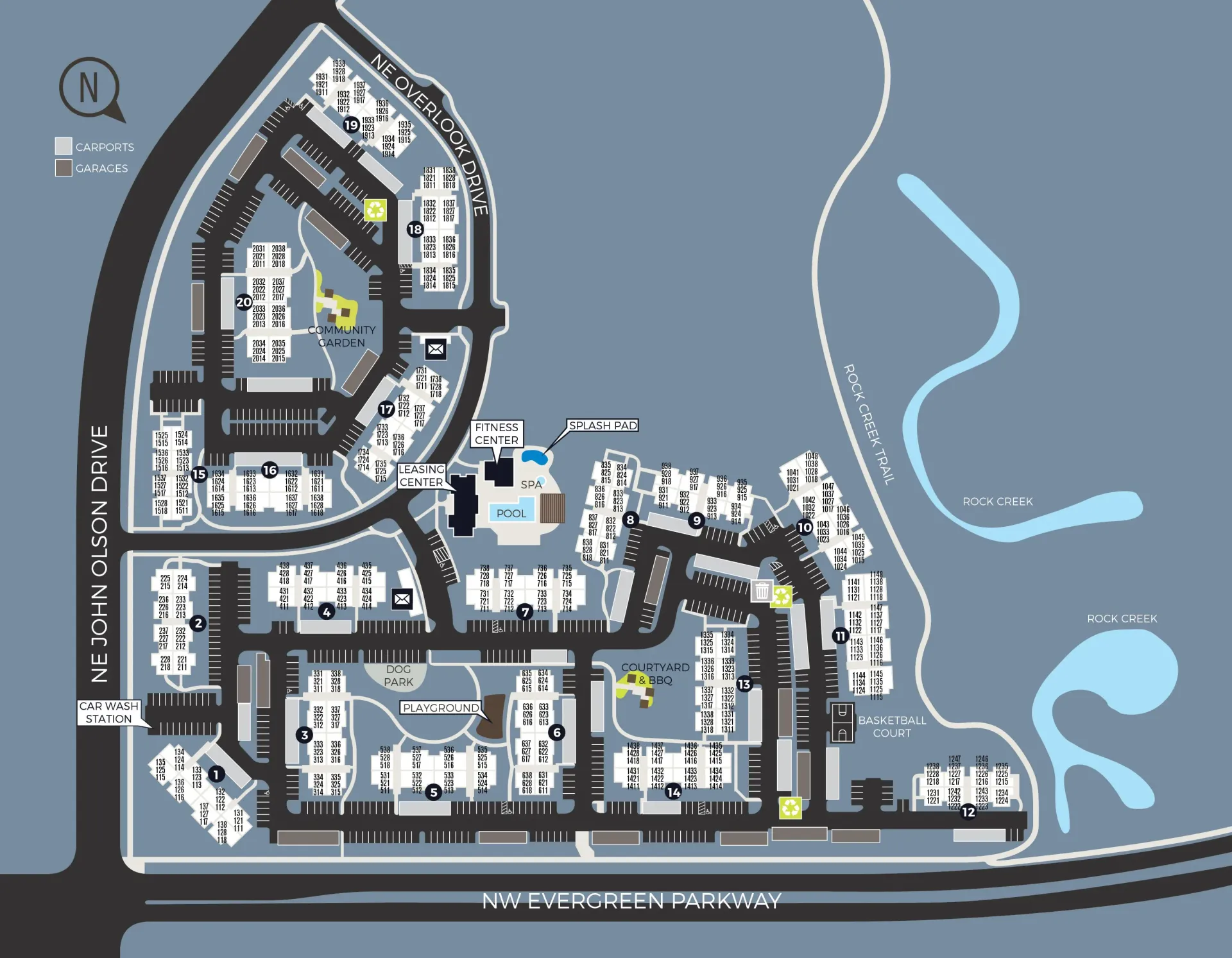 Apartment complex map with roads, buildings, parking, and amenities like a pool, set against a blue background.