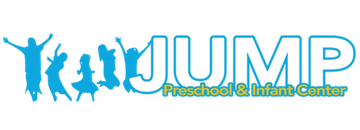Blue logo for JUMP Preschool & Infant Center with stylized children and text