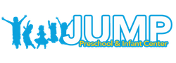 Logo for JUMP Preschool & Infant Center in blue text with child silhouettes and a sun icon