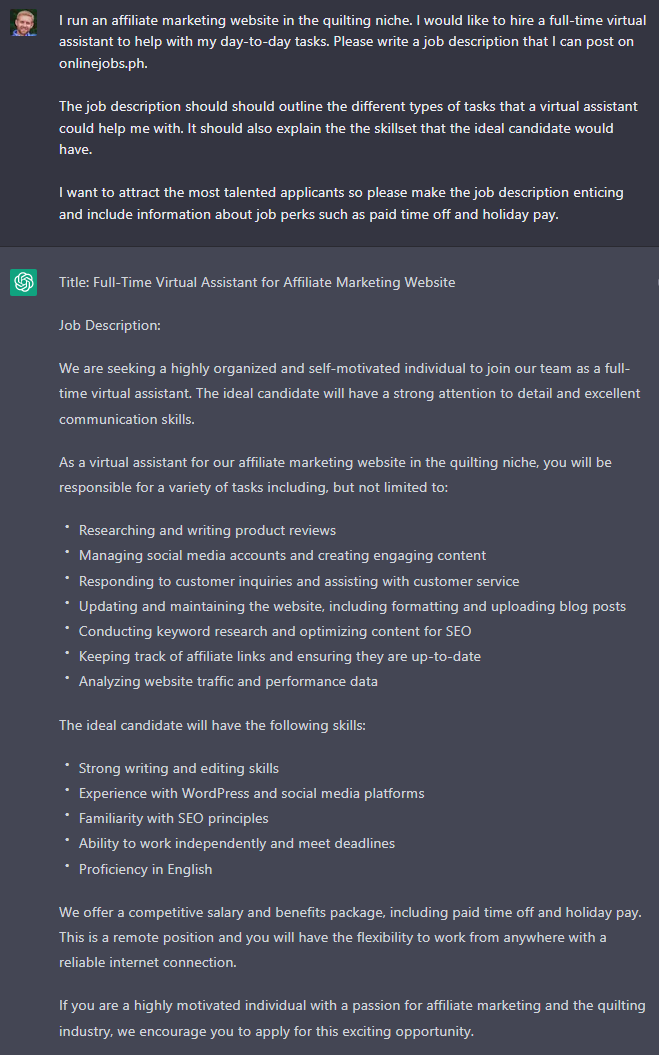 ChatGPT prompt for having a virtual assistant job description written