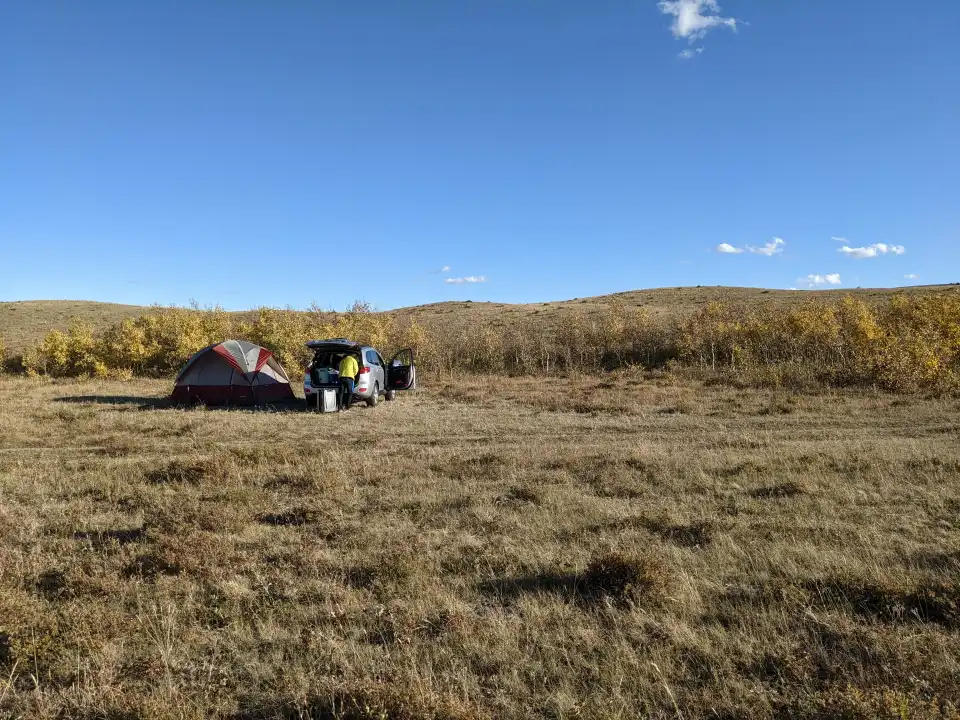 Campsite with a red tent and gear beside a vehicle in a dry grassy field under a blue sky