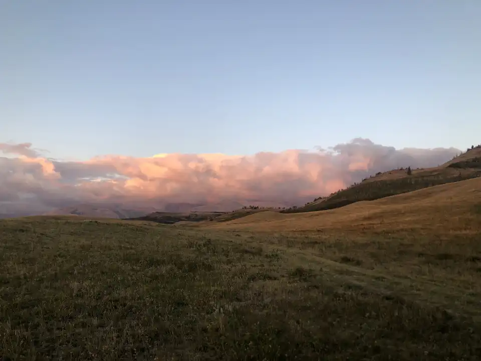 Grassy hillside under pink sunset clouds with a blue sky