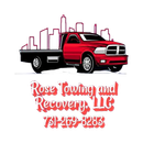 Red tow truck with city skyline, Rose Towing and Recovery LLC, phone number 731-269-8283.