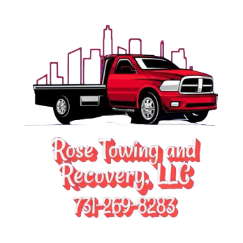 Red tow truck with city skyline, Rose Towing and Recovery LLC, phone number 731-269-8283.