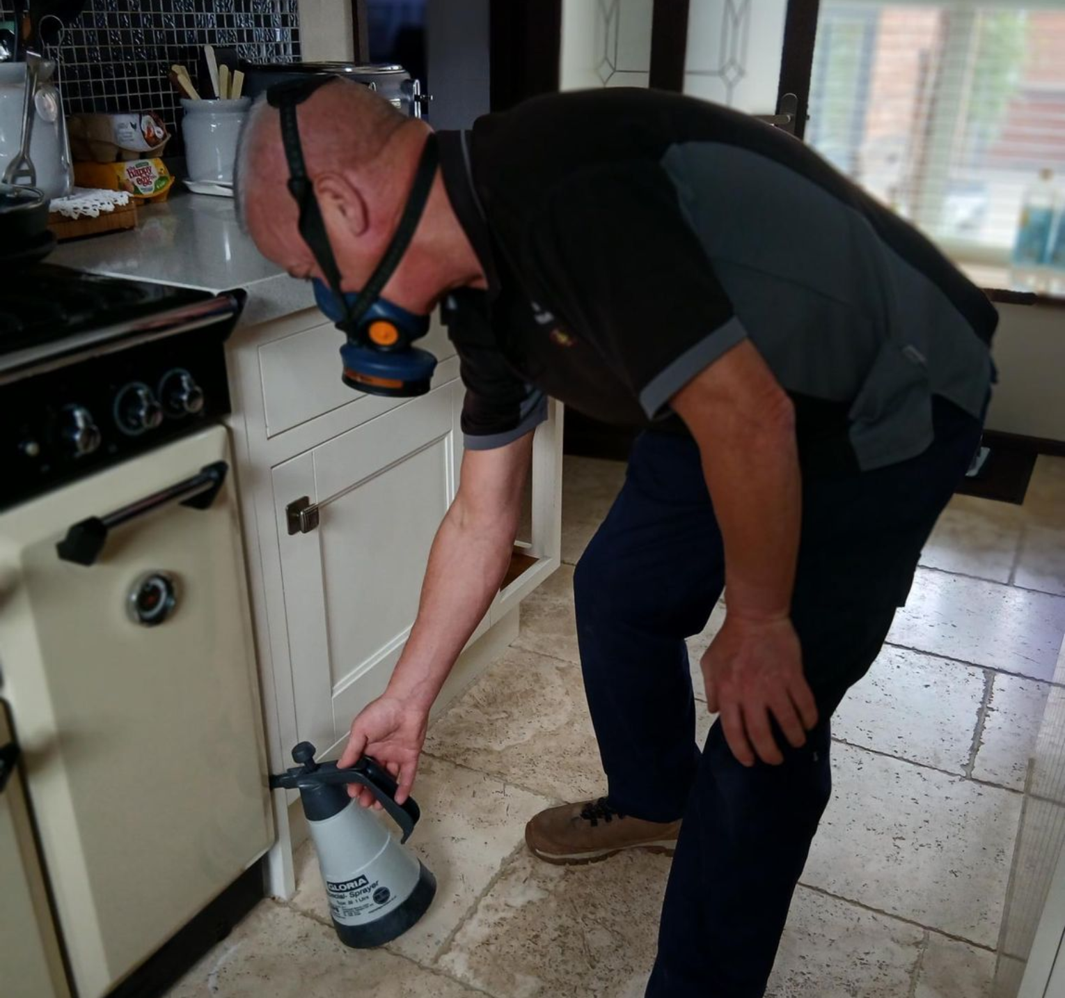 Person wearing a respirator sprays pesticide near a kitchen stove and cabinet.