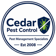 Cedar Pest Control logo with navy shield and green insect, labeled “Pest Management Specialists,” Est 2008.