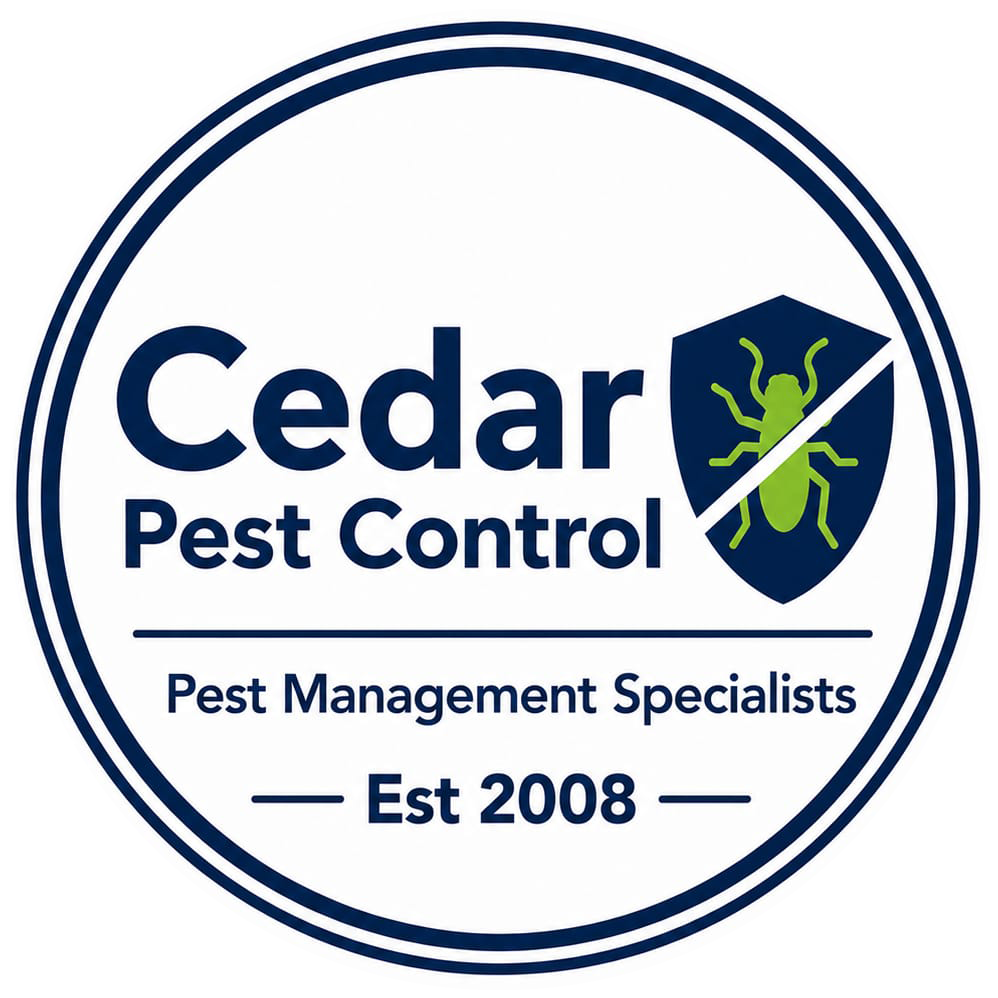 Cedar Pest Control logo with navy shield and green insect, labeled “Pest Management Specialists,” Est 2008.