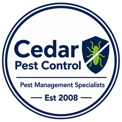 Cedar Pest Control logo with navy shield and green insect, labeled “Pest Management Specialists,” Est 2008.