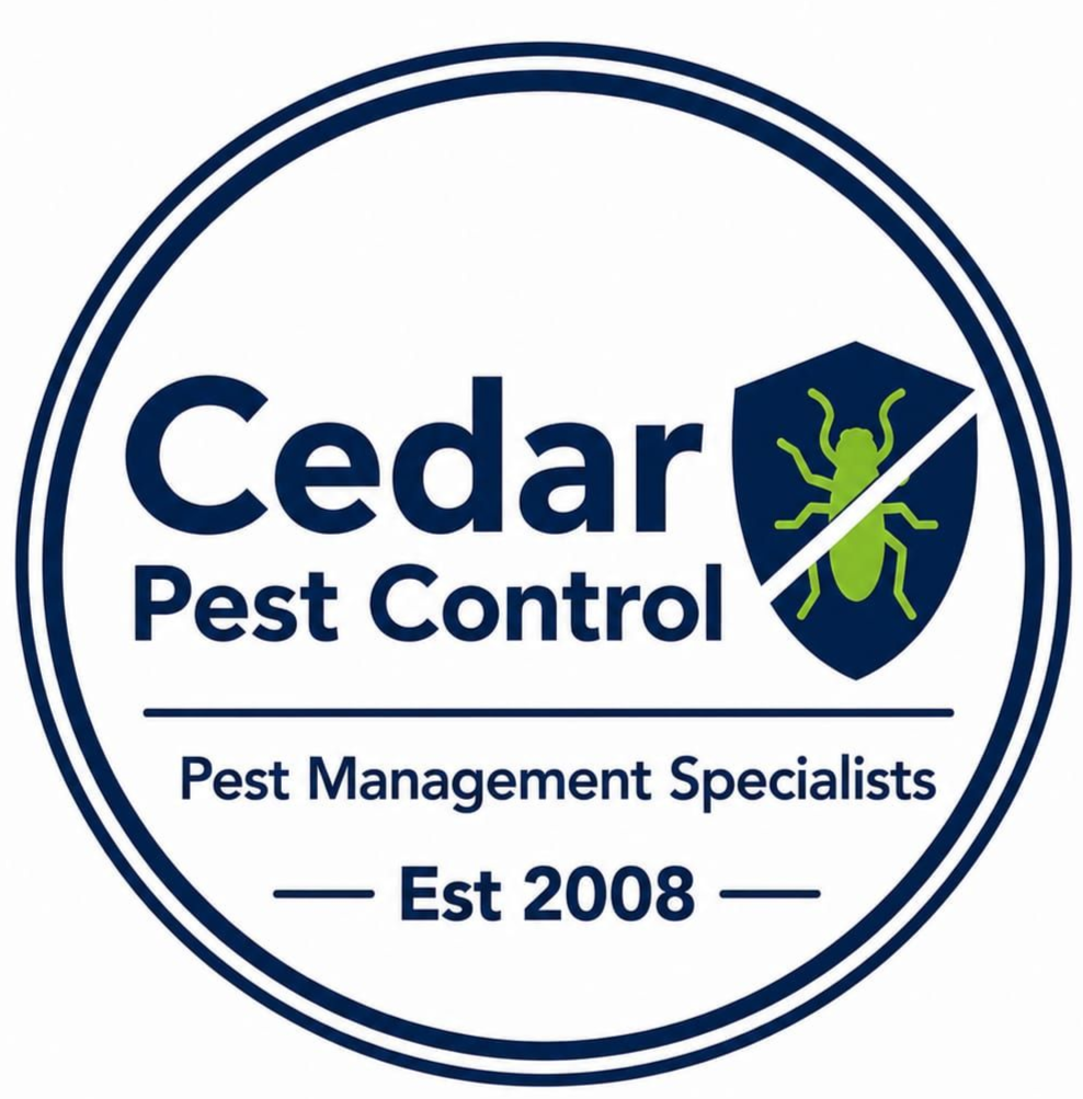 Cedar Pest Control logo with blue shield insect icon, “Pest Management Specialists,” and “Est 2008”