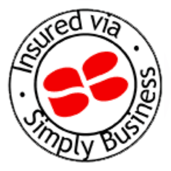 Simply Business insured via logo with red icon inside circular black text ring
