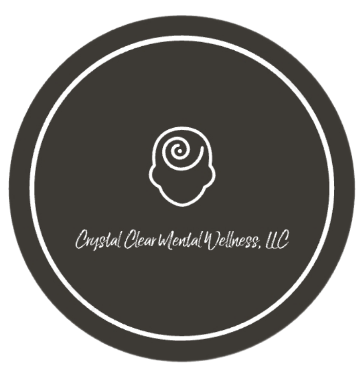 Crystal Clear Mental Wellness logo with pastel crystals and the tagline “Compassionate. Clear. Client-centered.”