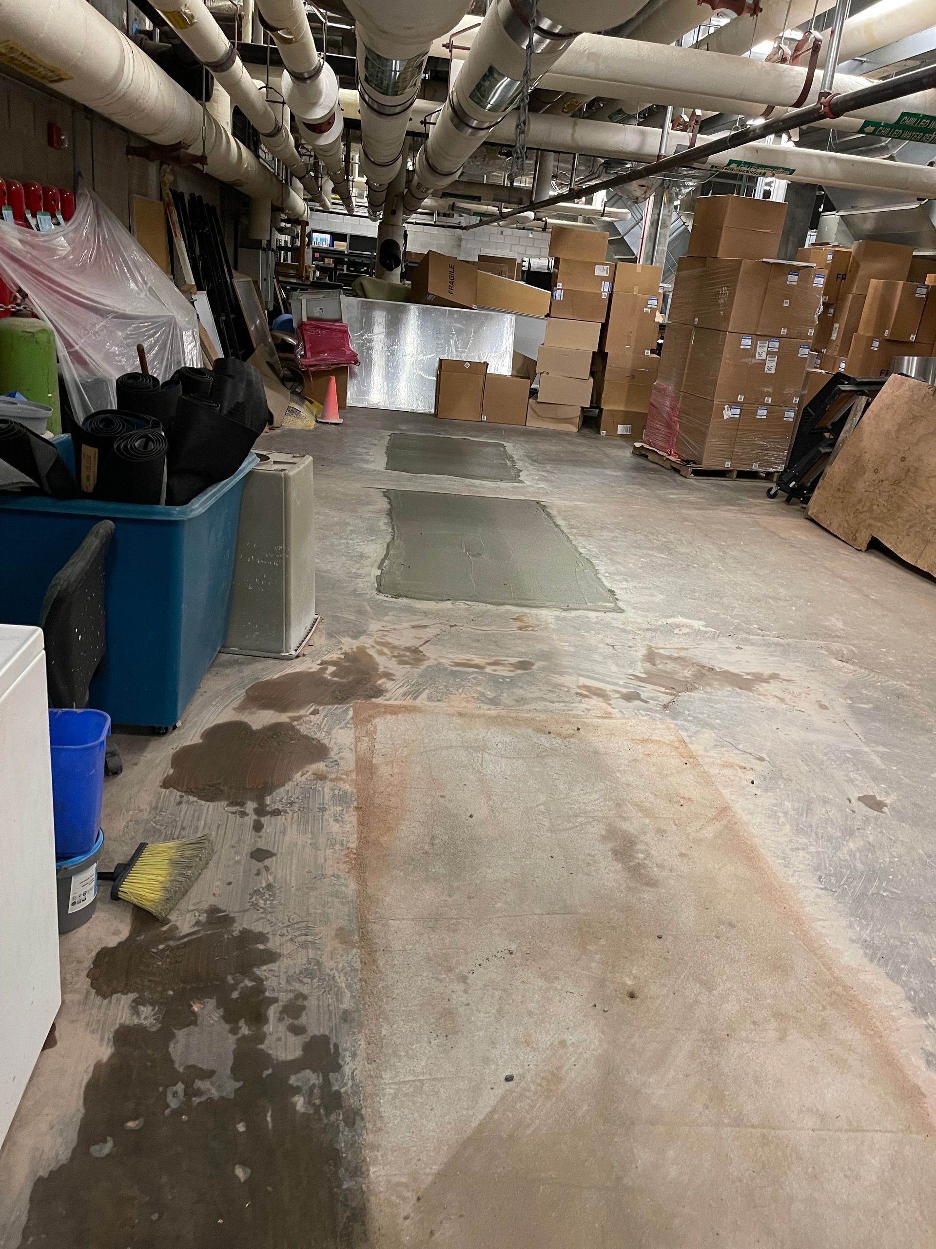 Narrow basement corridor with exposed pipes, wet concrete floor, blue bins, and stacked cardboard boxes.