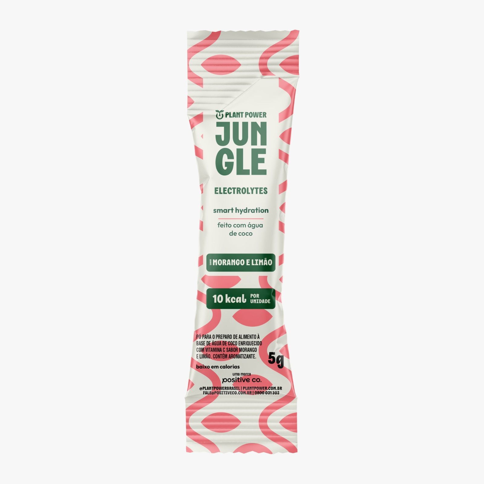 Sachê de eletrólitos Jungle rosa e branco, sabor limão, 10 kcal, 5 g.