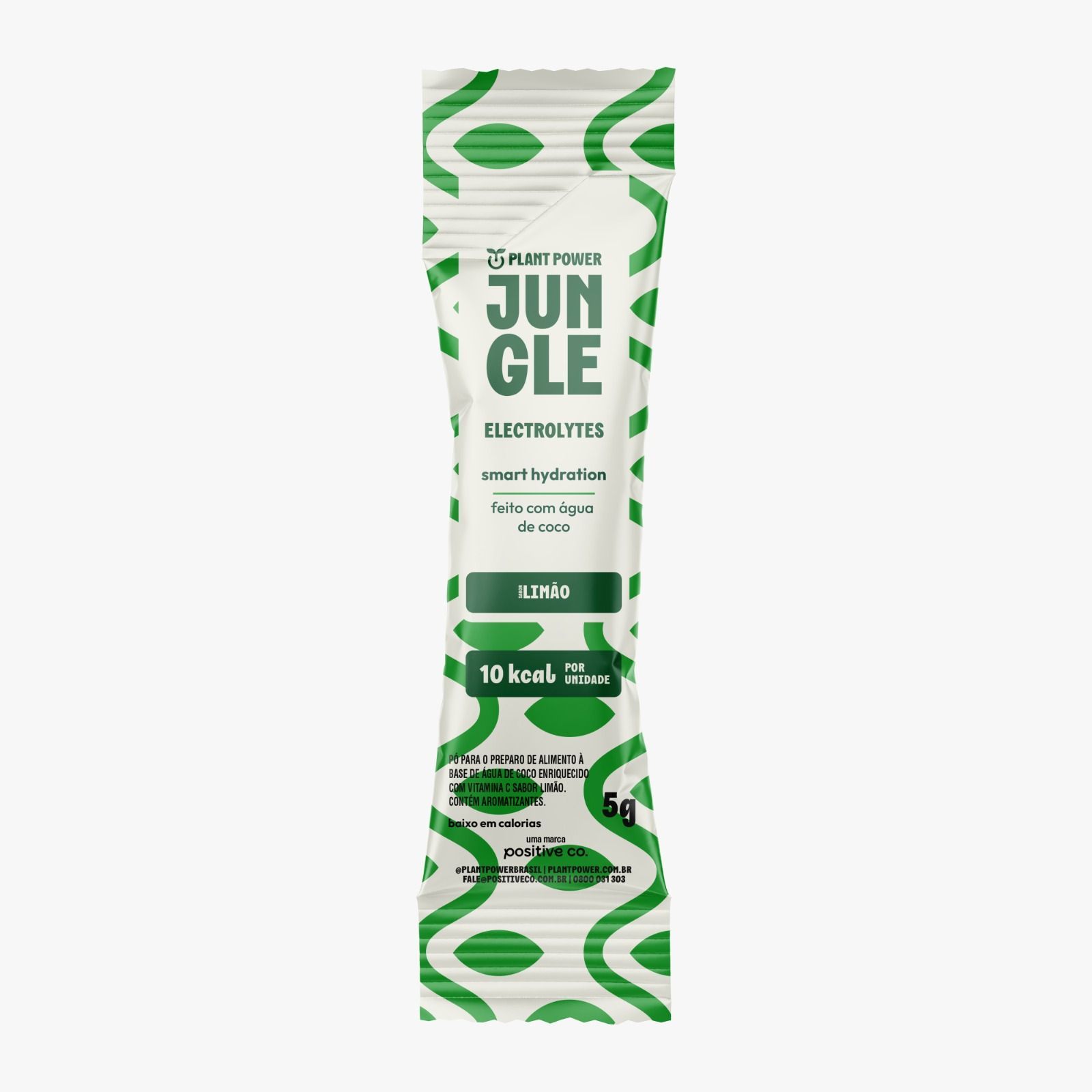 Pacote de eletrólitos JUNGLE ELECTROLYTES, branco com ziguezagues verdes e texto.