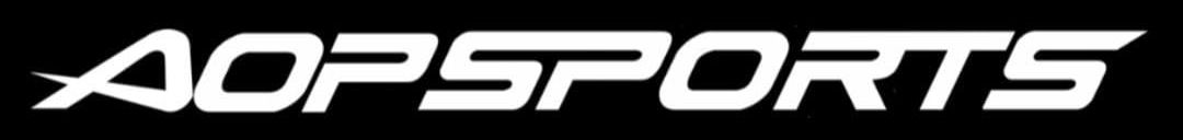 Logotipo da AOP Sports, texto branco sobre fundo preto.