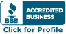 BBB Accredited Business logo: blue, torch icon;