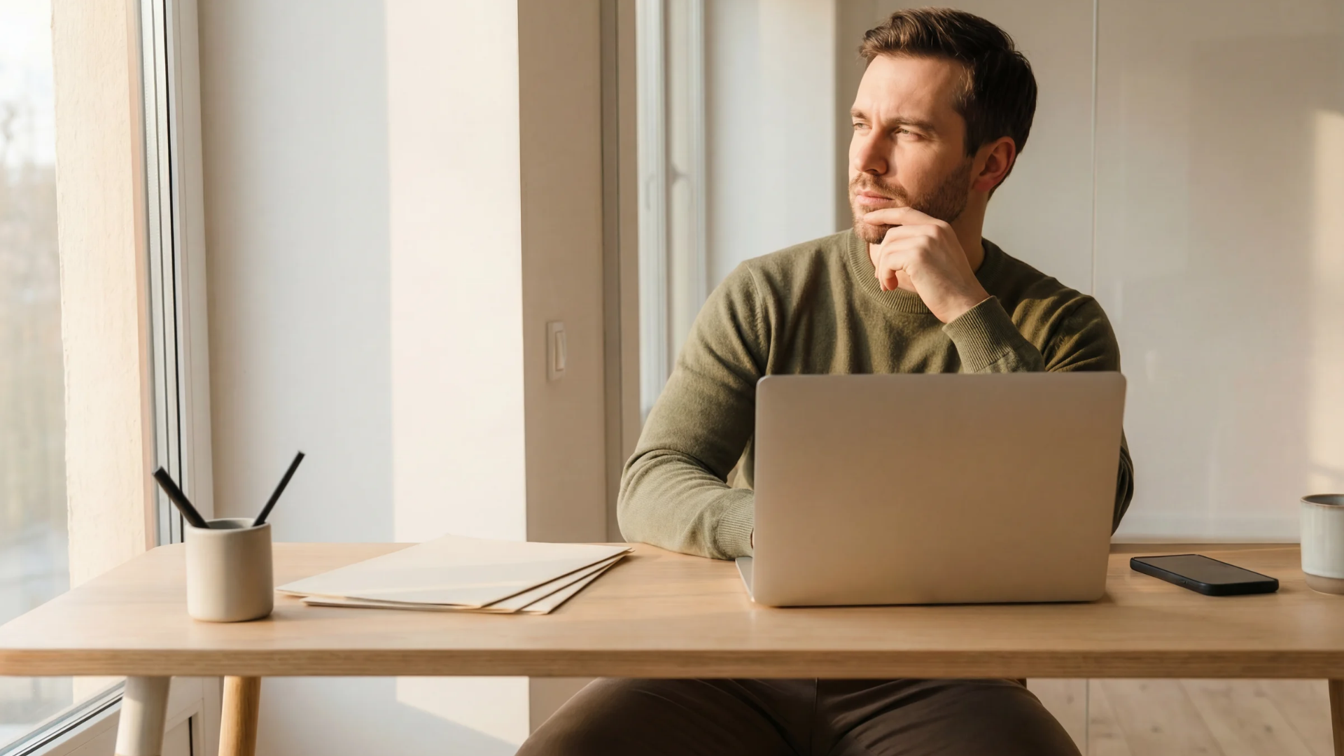 Man sitting at a desk with a laptop, looking thoughtful in a sunlit home office