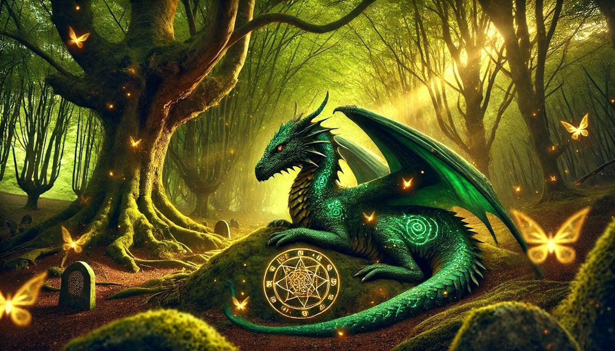Green Dragon in woodland with symbols Green Dragon in woodland with symbols