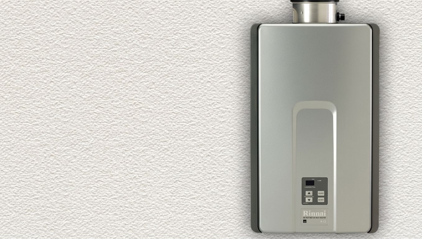 Wall-mounted silver water heater with a digital control panel on a light textured wall