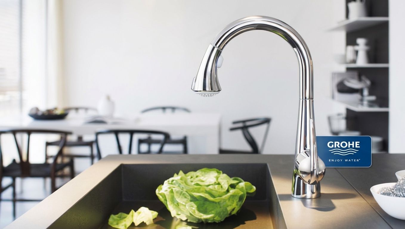 Modern kitchen sink with chrome faucet over black basin and green lettuce, with GROHE logo in background