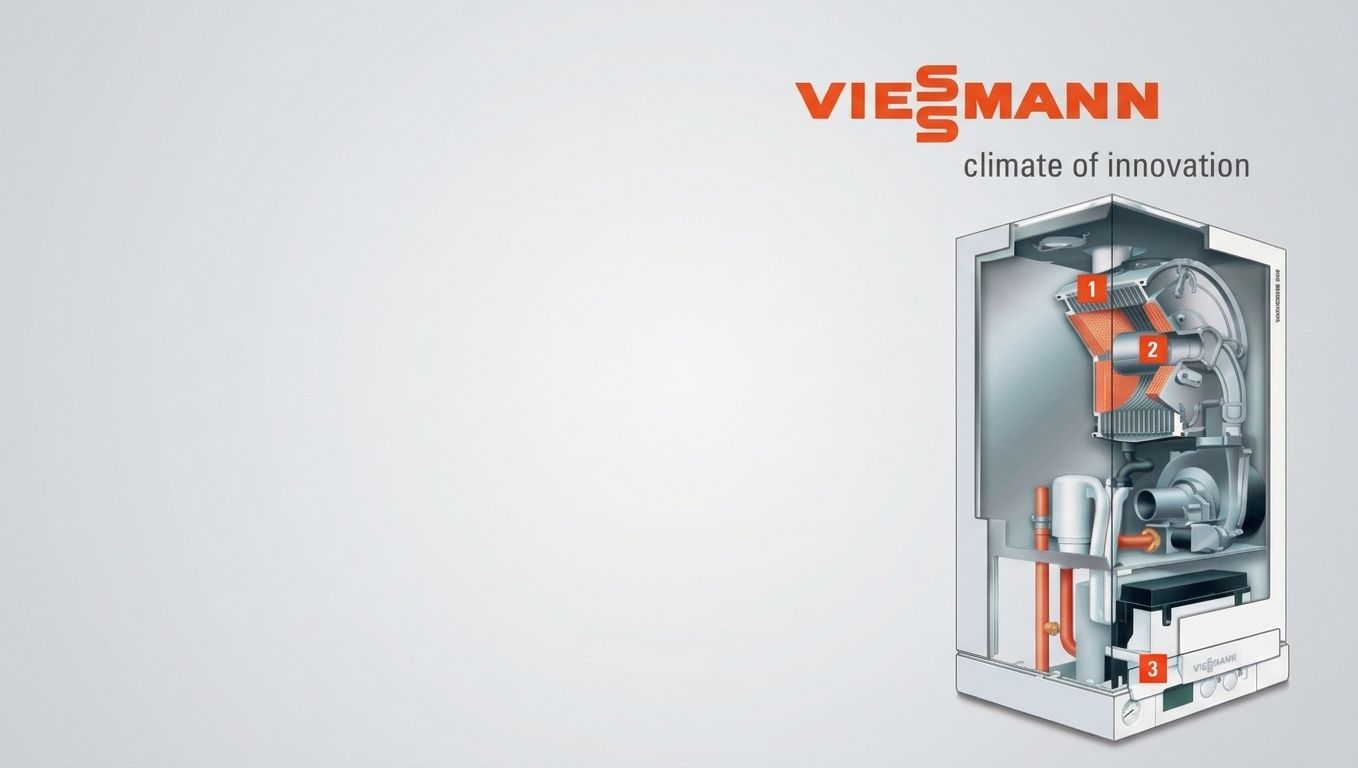 Viessmann heating system cross-section on white background with orange and gray branding