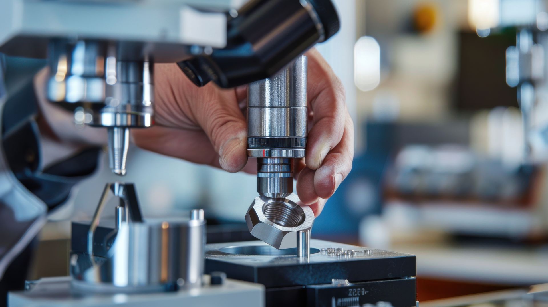 Close-up of a hand adjusting a microscope in a lab, with metal tools and equipment in view