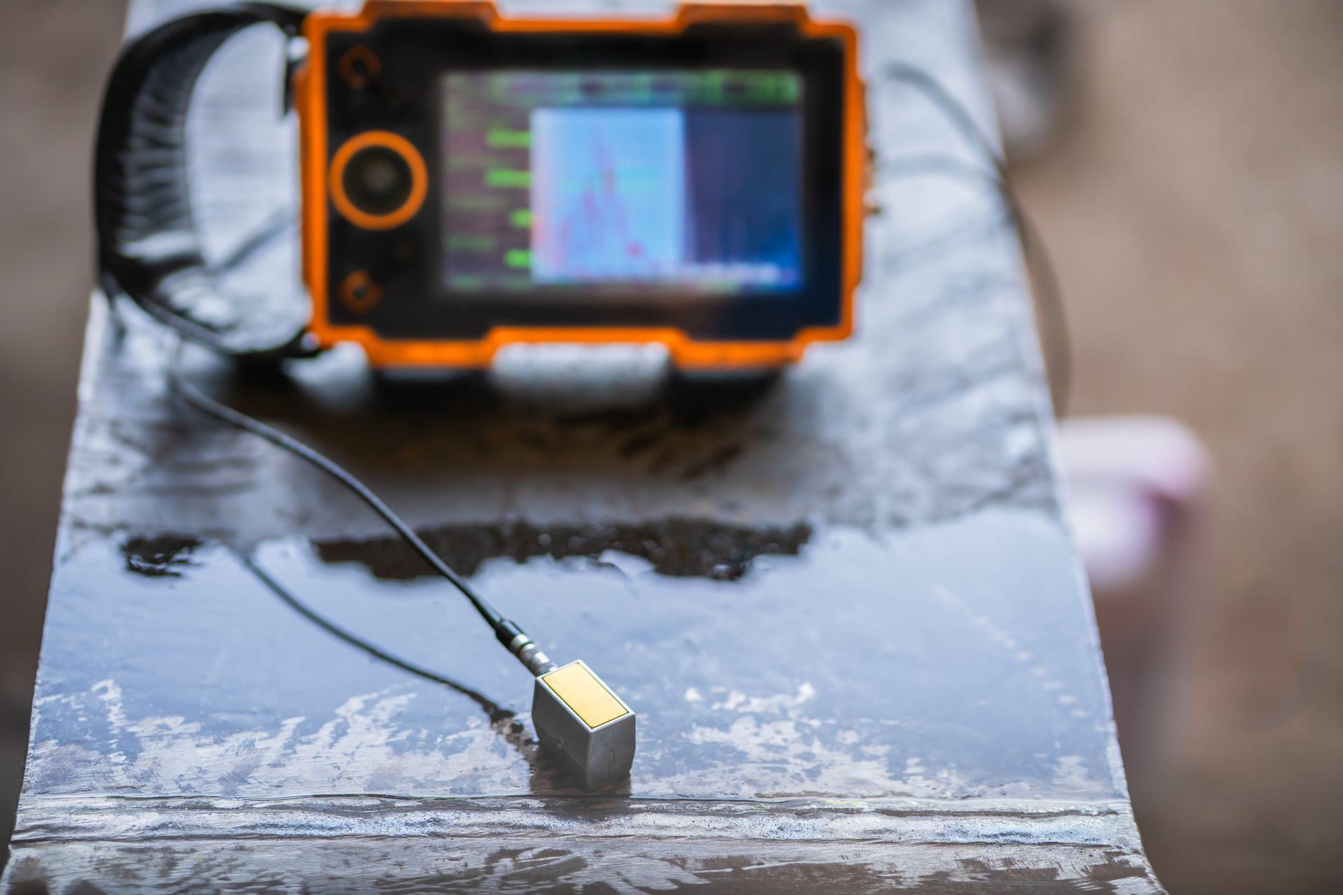 Orange ultrasonic flaw detector on a metal surface; displays a graph. Black cable and transducer visible.