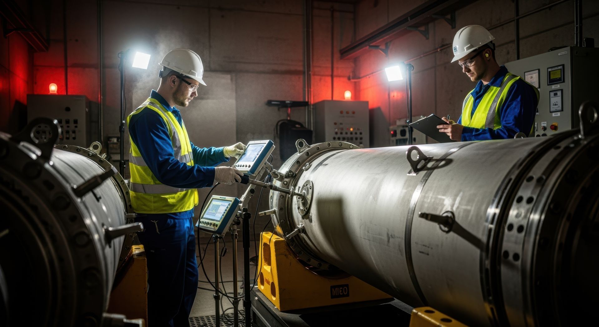 Two technicians in protective gear inspect machinery in a dimly lit industrial setting.
