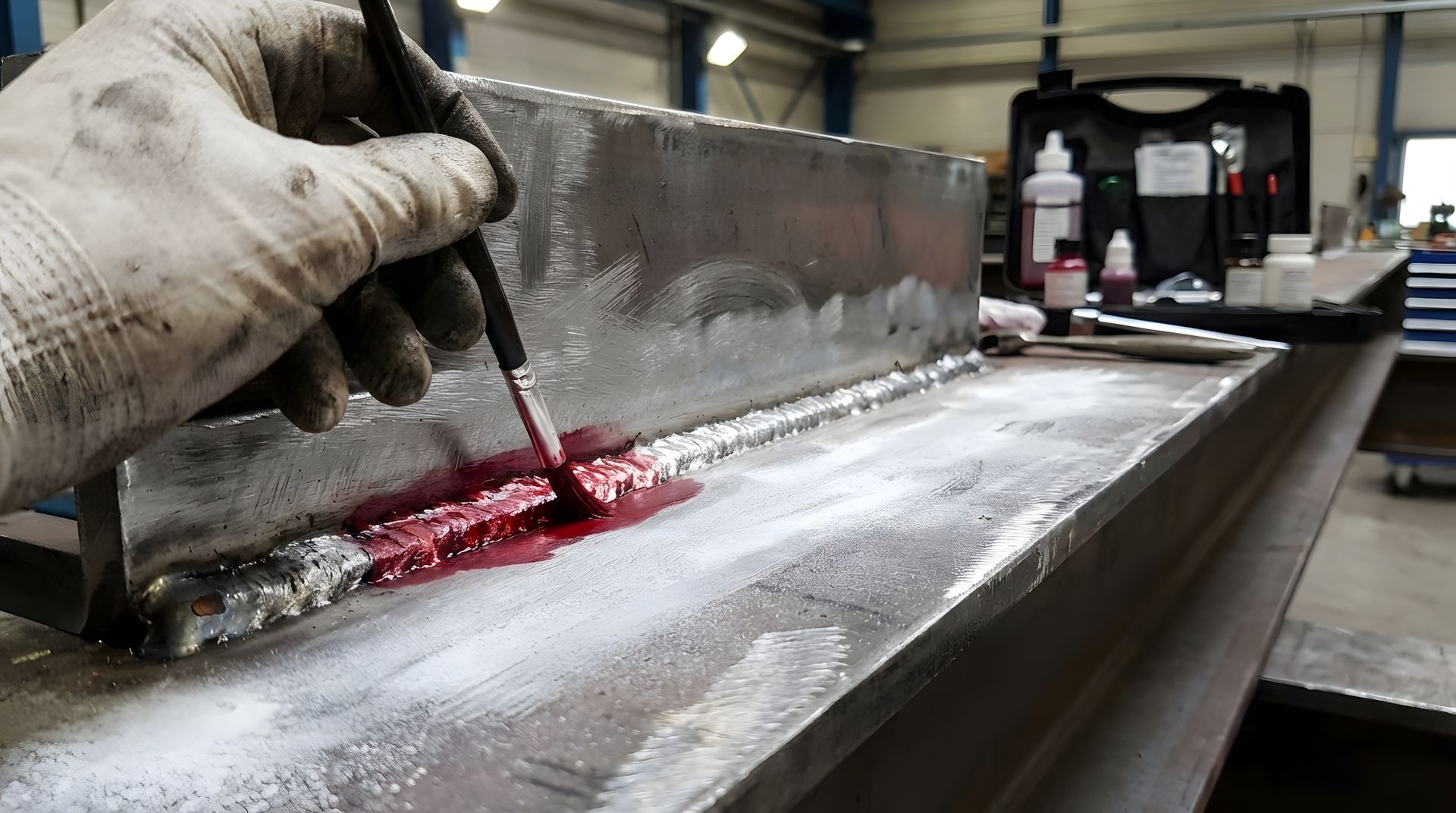Gloved hand welding a metal seam on a workbench, with bright sparks and red-hot molten metal