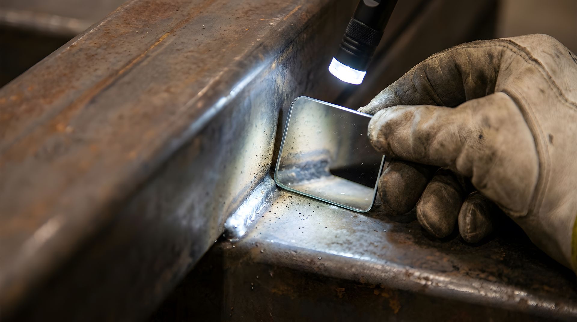 Gloved hand welding a metal joint on a steel beam, bright sparks illuminating the seam