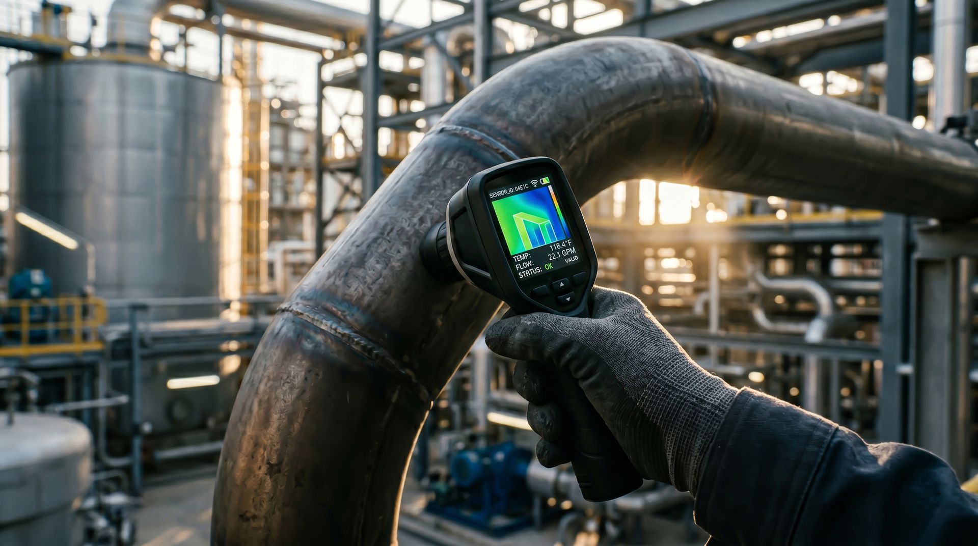 Technician using a thermal camera to inspect industrial piping at a refinery