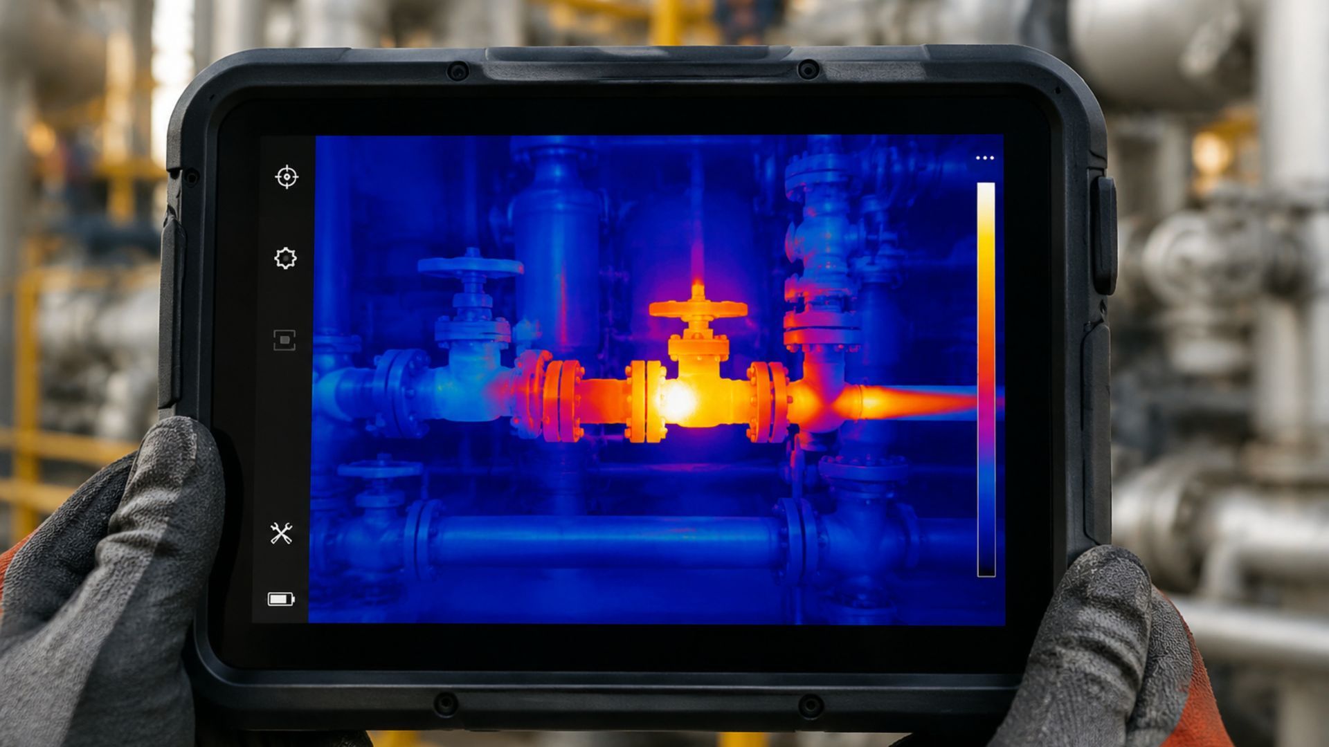 Thermal camera view of industrial machinery on a tablet, with blue and orange heat signatures