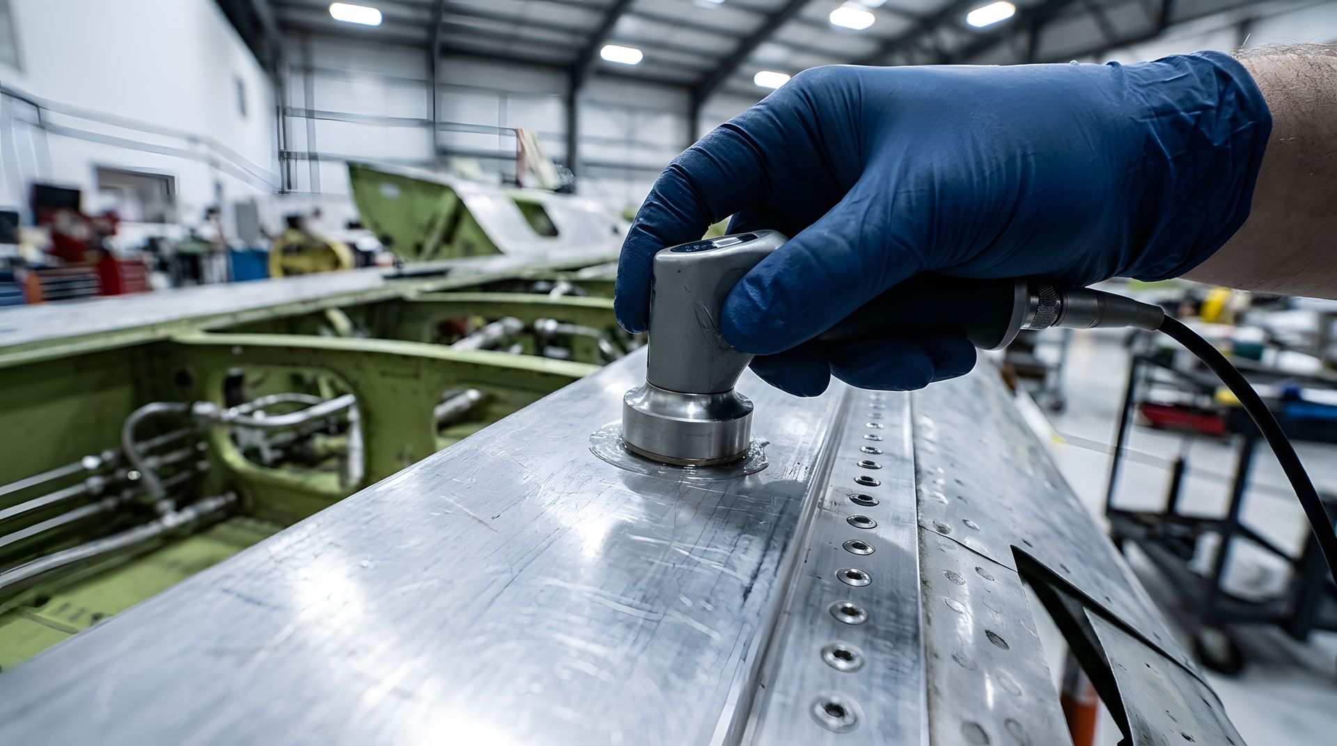 Blue-gloved hand inspecting a metal aircraft fuselage in a factory assembly hangar
