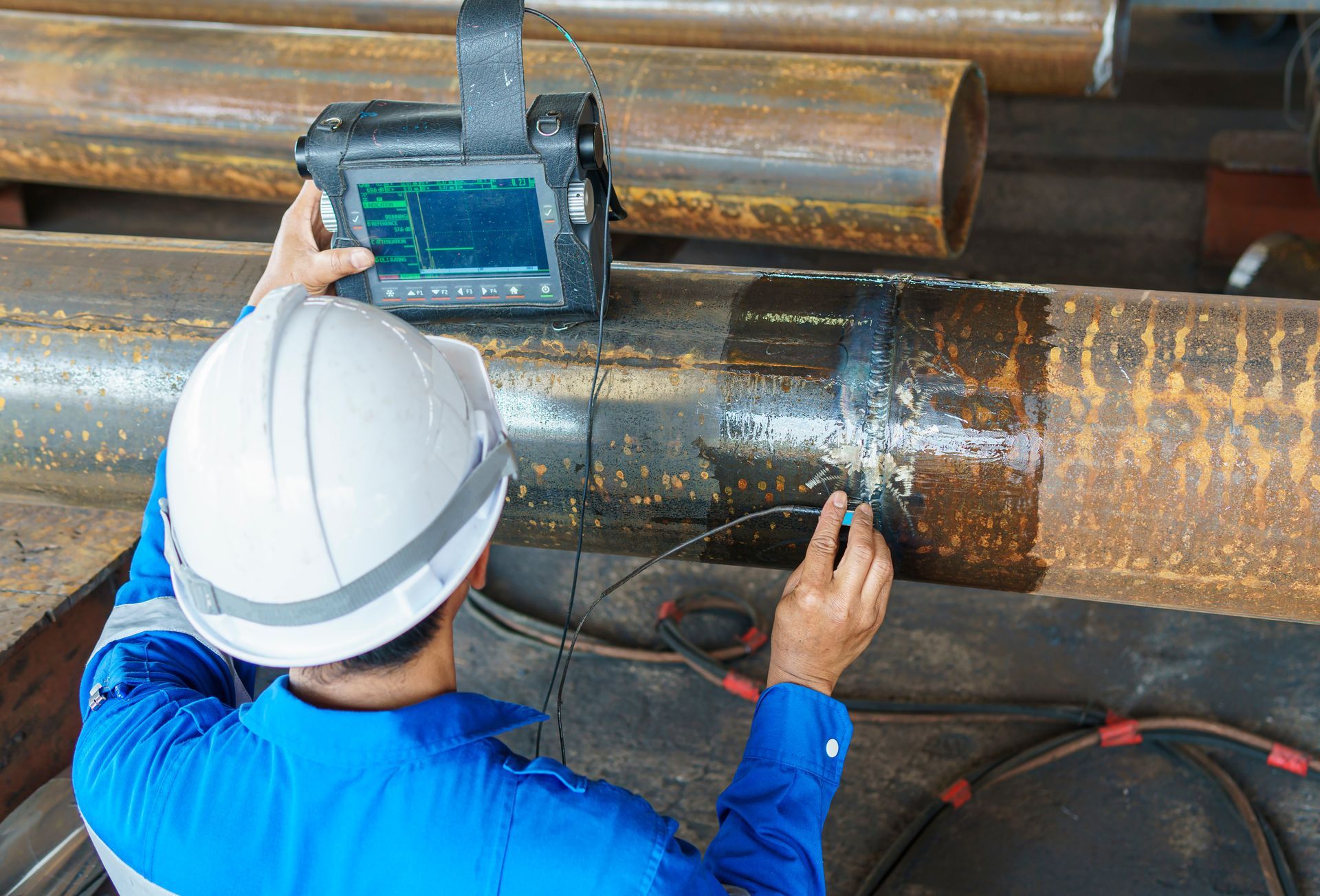 Technician in hard hat inspecting a large metal pipe with a handheld sensor and monitor screen in a workshop