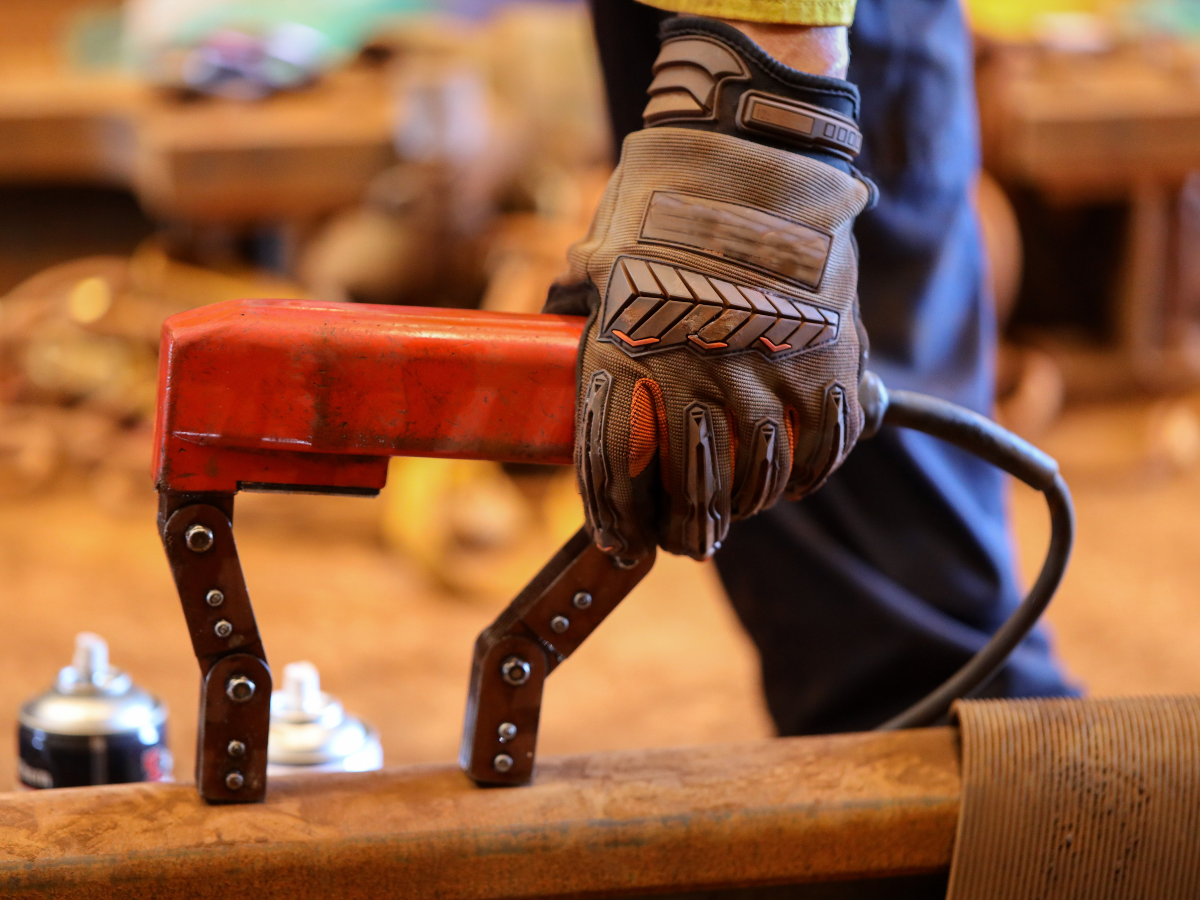 Gloved hand holding a red clamp, attached to metal beam. Work setting. Gloved hand holding a red clamp, attached to metal beam. Work setting.