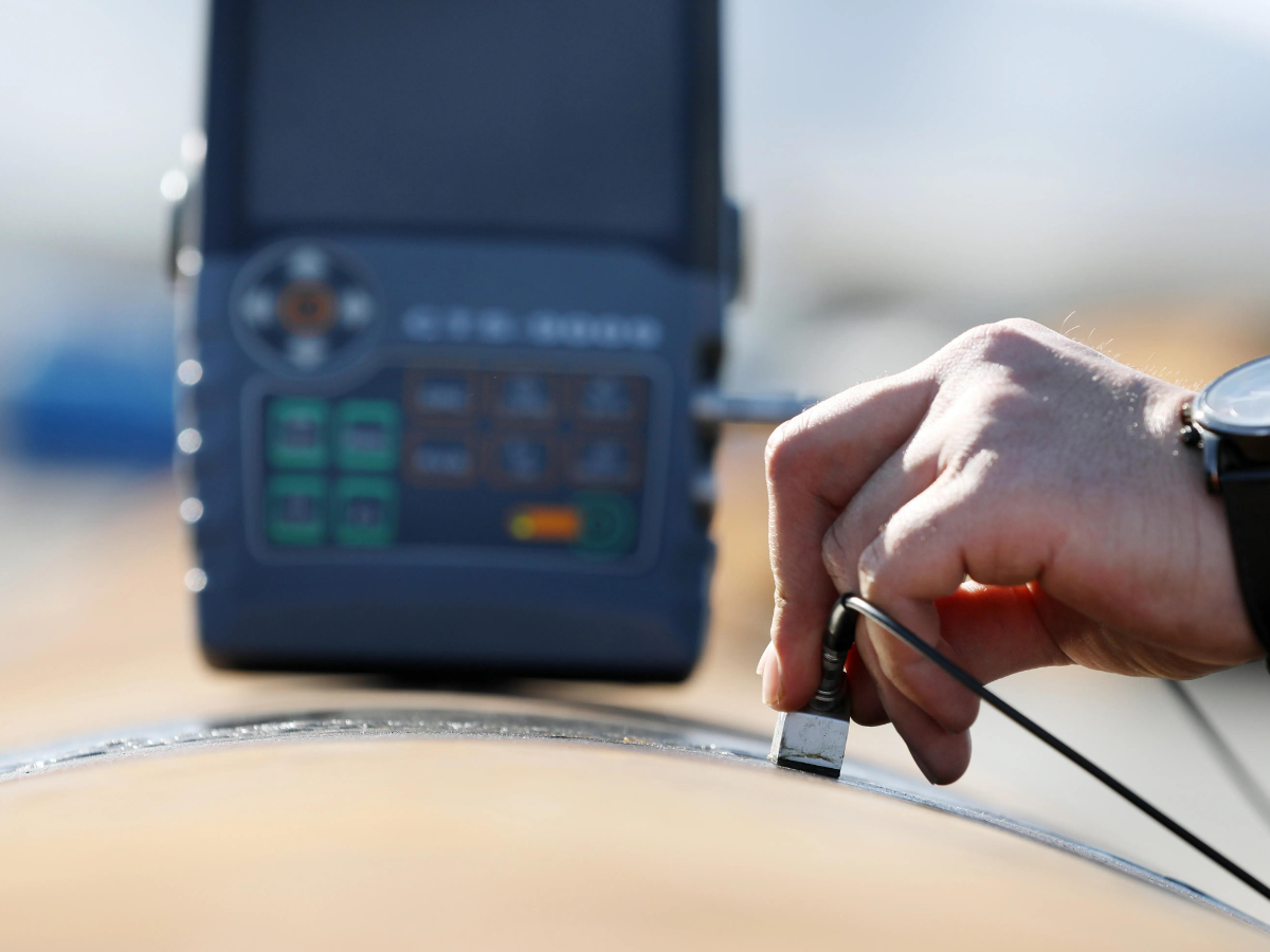 A person is using a ultrasonic device on a piece of metal.