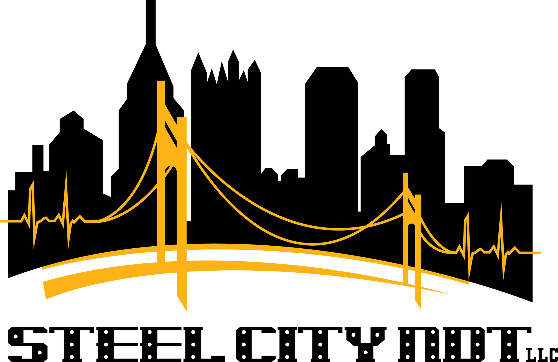 Black city skyline with a golden suspension bridge and ECG line, above the text “Steel City RMT.”
