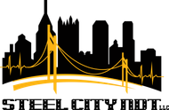 Black city skyline with a golden suspension bridge and ECG line, above the text “Steel City RMT.”