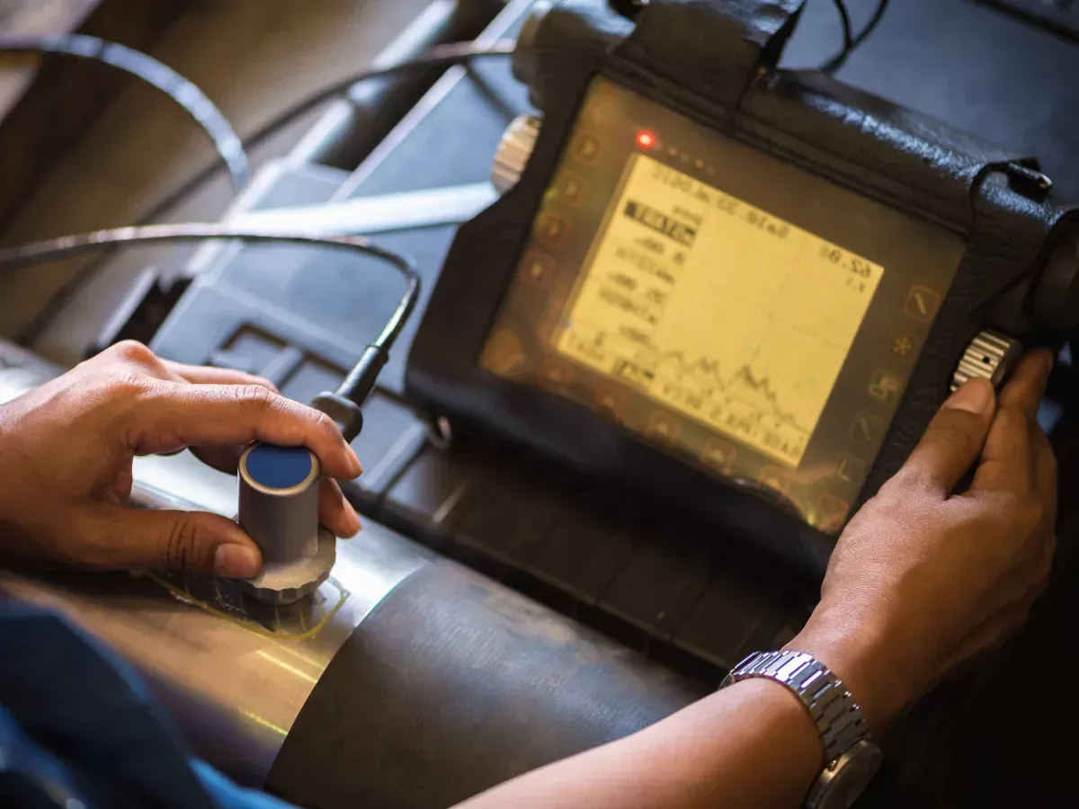 A person using an ultrasonic device to test a piece of metal. A person using an ultrasonic device to test a piece of metal.