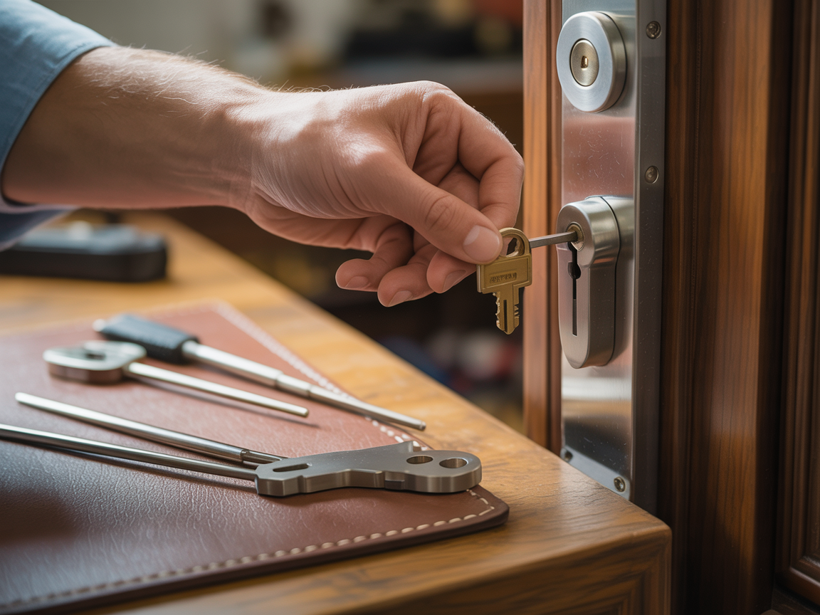 Male lockpicker fixing door handle at home.